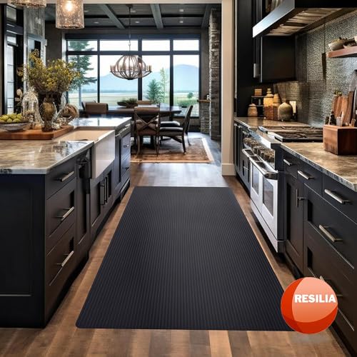 RESILIA Black Plastic Floor Runner - Embossed Wide Rib Waterproof Vinyl, Heavy Duty Protector Mat for Indoor Hardwood, Hard Floors, Garage, Entryway, Kitchen, & Outdoor Use, 27” x 12’, Made in the USA - size: 27" x 12'