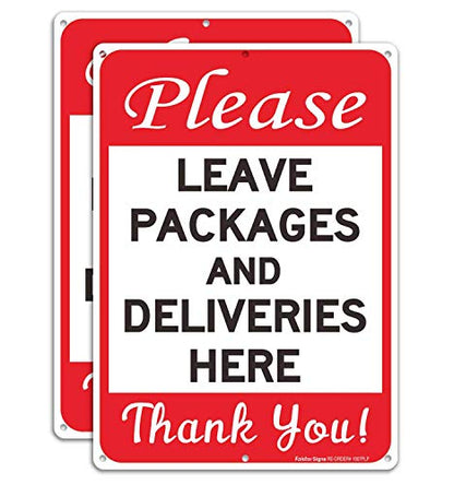Please Leave Packages and Deliveries Here Sign 2 Pack, 10 x 7 Inches .40 Rust Free Aluminum, UV Protected, Weather Resistant, Waterproof, Durable Ink, Easy to Mount - color: Red Black on white - 10 x 7 inch Aluminum - 2 Pack