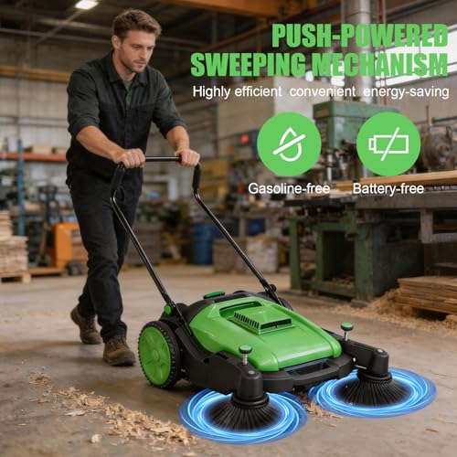 43" Walk-Behind Hand Push Floor Sweeper, 15 Gallon Waste Container, 46000 Sq Ft/H Efficiency, Angle & Height Adjustable Folding Handle for Yard, Garage, Patio & Walkway Cleaning - color: Green