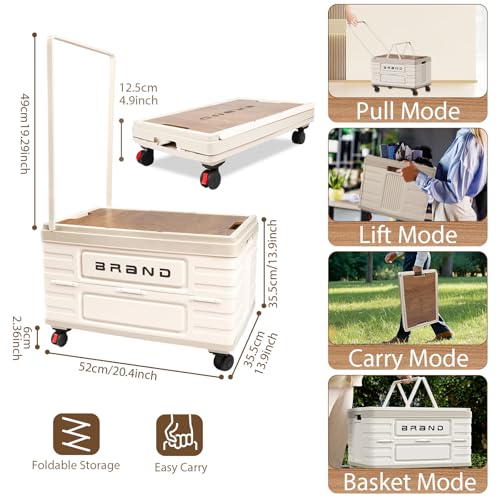Folding Utility Cart Portable Rolling Crate Handcart Shopping Trolley Collapsible Tool Box with Wooden Lid, Basket on 4 Rotate Wheels, for Grocery, Office, Luggage, Teacher, Travel (White)