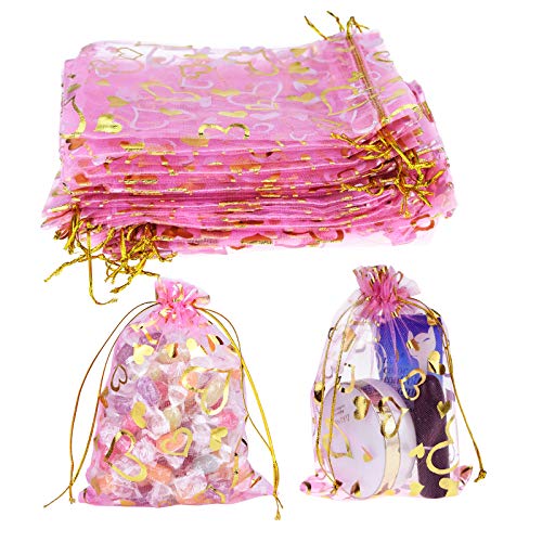 100PCS Heart Printed Organza Bags Gift Jewelry Candy Bags for Wedding Valentine's Day Mother's Day Party Christmas 5x7Inch - color: Pink