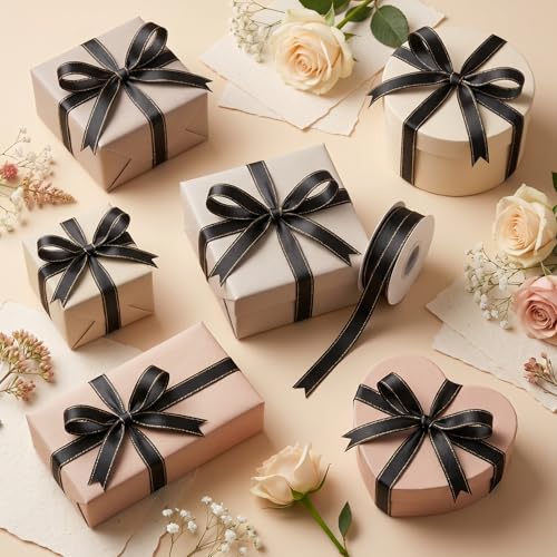 Satin Ribbon with Gold Edge, Double Faced Satin Gold Border Fabric Ribbons