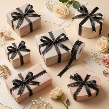 Satin Ribbon with Gold Edge, Double Faced Satin Gold Border Fabric Ribbons