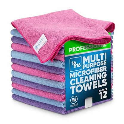 MW Pro Microfiber Cleaning Cloth |Pink, Purple, Blue (12 Pack) | Size 16" x 16" Multi Surface Microfiber Towels - color: Pink, Purple, Blue