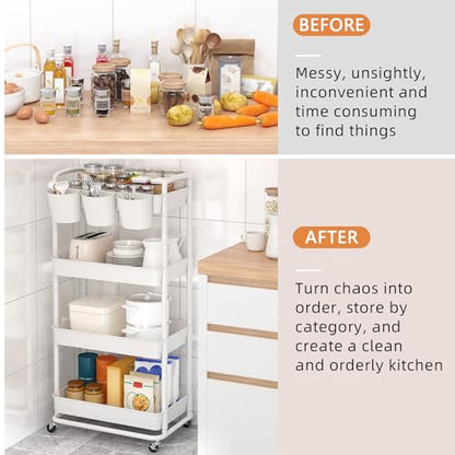 JIUYOTREE 4-Tier Plastic Rolling Storage Cart Utility Cart White - color: White, size: 4-Tier