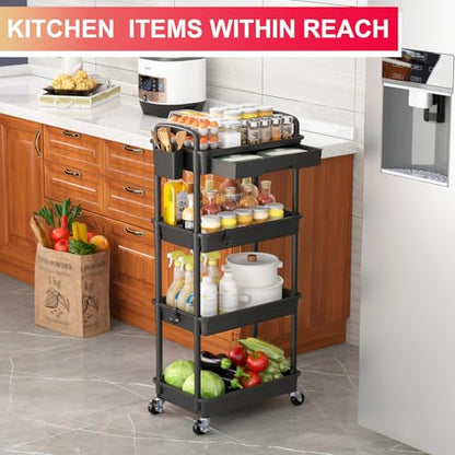 Goovilla 4 Tier Rolling Utility Cart Organizer with Removable Drawer, Black - size: 4 Tier, style: Black
