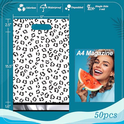 JinRuiKJ Poly Mailers with Handle 12x15.5 Inch 50 Pcs, Easy to Carry Packaging Bags for Small Business, Thank You Shipping Bags with Self Adhesive Strip, Tearproof and Waterproof - Black leopard - color: Black leopard print and thank you, size: 12*15.5inc