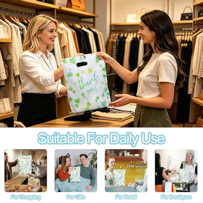 WAKAKO Bulk 100 Green Thank You Shopping Bags with Handles – Durable Plastic Retail Bags for Business Small, Boutique, Gifts, Merchandise (X-Large 18"x16") – Fits Clothing, Home Goods - size: X - Large