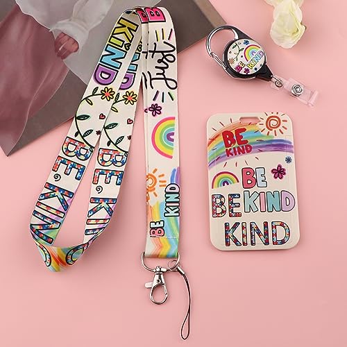 Cute Be Kind Lanyard with Badge Holder and Retractable Reel Clip Kids Autism Rainbow Lanyards ID Name Card Holder for Keys Girls Women Teacher Lanyard for Work School Office - color: Be Kind