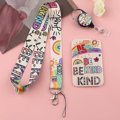 Cute Be Kind Lanyard with Badge Holder and Retractable Reel Clip Kids Autism Rainbow Lanyards ID Name Card Holder for Keys Girls Women Teacher Lanyard for Work School Office - color: Be Kind