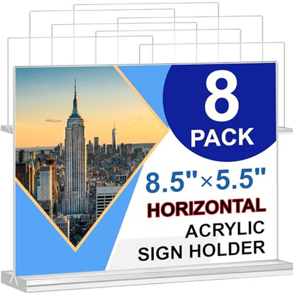 Acrylic Sign Holder 8.5 x 5.5, 8 Pack Double-Sided Standup Table Top Clear Sign Holders, T Shape Horizontal Plastic Acrylic Picture Frame Menu Flyer Paper Holder Display Stands for Office Store Wedding - size: 8 Pack 8.5x5.5''