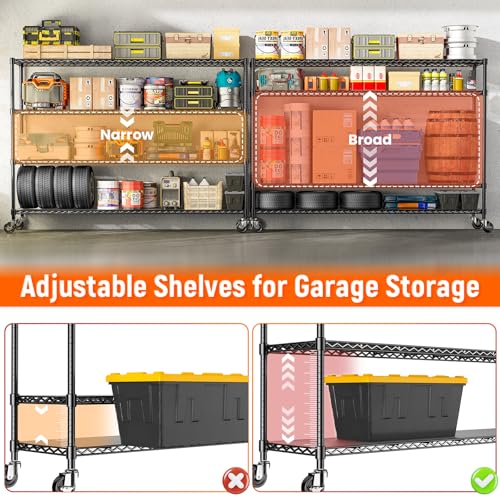 60" W Storage Shelves Wire Shelving withWheels, Heavy Duty Metal Garage Shelving,Adjustable Wire Rack with Liners, Fits 27-Gallon Totes, for Commercial & Warehouse,60" Wx 18" Dx63.78 H - size: 60" W x 18" D x 63.78" H-4 Tier