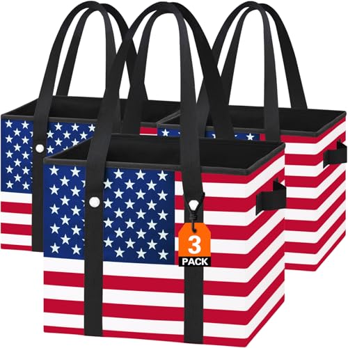 Patriotic Bags - Heavy Duty Reusable Grocery Bags with Hard Bottom & Long Handles, Foldable Reusable Shopping Bags with Box Shape to Stand Up, 3 Pack, Patriotic - color: Patriot Celebration, size: 3 Pack