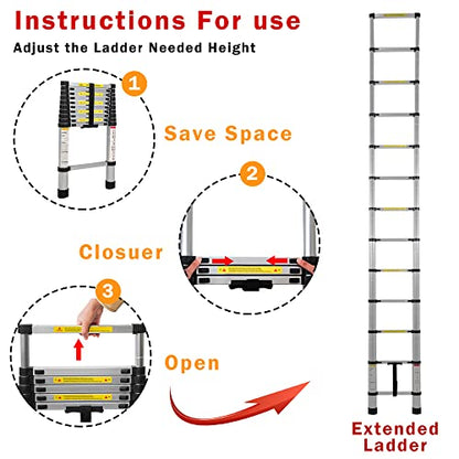 12.5 FT Telescoping Aluminum Extension Ladder, 330 lbs Capacity - size: 12.5ft