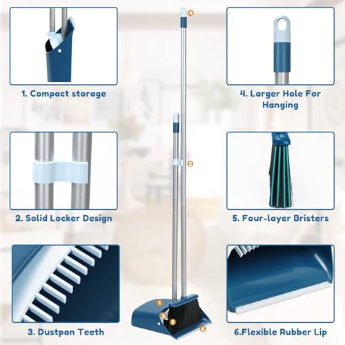 TreeLen Standing Dustpan and Broom Set with 52 Inch Long Extendable Handle for Cleaning Home, Interiors, Kitchens, Office Lobby Floors, Blue - color: Blue