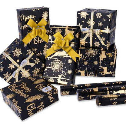 Larcencie Christmas Gift Wrapping Paper Roll w/Gift Bow Sticker, 3 Rolls 17" x 118" Each, Metallic Black and Gold Holiday Wrapping Paper, Snowflake Reindeer Design for Xmas, Winter, Nightmare New Year - color: Black And Gold