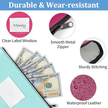 2 Pack PU Leather Money Bags with Zipper & Label, Light Blue & Rose Red - color: Light Blue & Rose Red