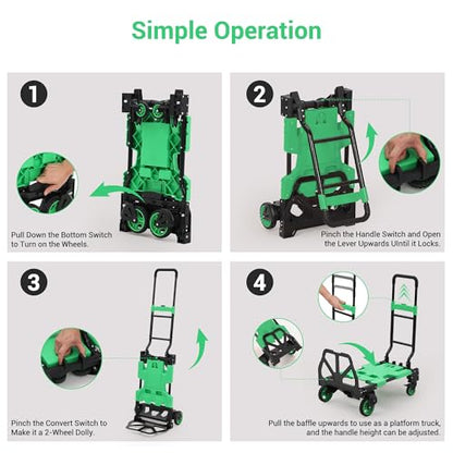 GarveeHome 2-in-1 Folding Hand Truck with Foldable Basket, 330 LB Dolly Cart with 2 Bungee Rope, Convertible Folding Hand Cart with 4 Wheels and Retractable Handle for Luggage, Travel, Moving, Office