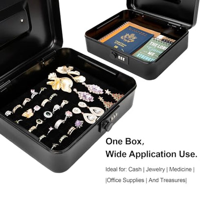 Jssmst Large Cash Box with Combination Lock – Durable Metal Cash Box with Money Tray Black(9.8 x 7.9 x 3.5), SM-CB07001L - color: Black, size: Large