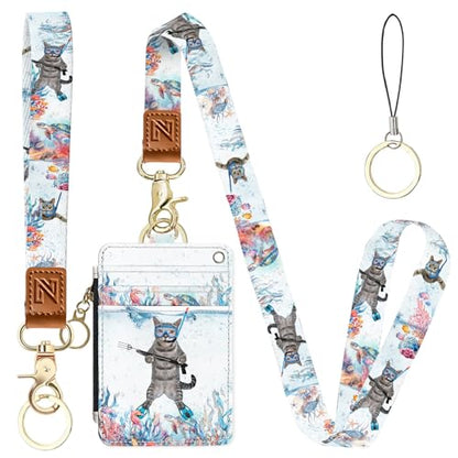 2-in-1 ID Badge Holder & Lanyard Wallet，Cute Zippered Pouch Diving Cat - color: Funny Diving Cat