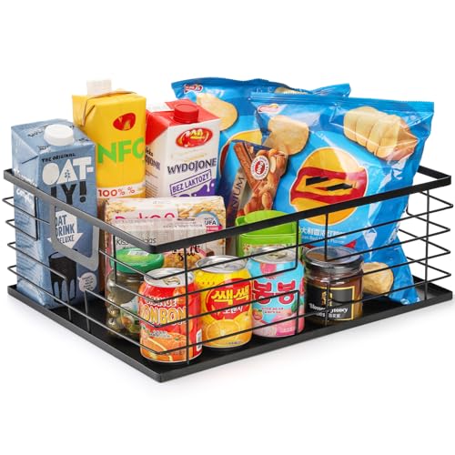 TOPZEA Black Metal Food Storage Basket for Pantry Organization, Large Steel Wire Farmhouse Basket Organizer Bin with Handles for Organizing Bathroom, Kitchen, Shelf, Cabinet, 16"x 12.5"x 6"