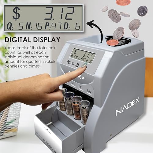 Nadex S180 Digital Coin Sorter and Counter – Displays Total and Denomination Values, Silver