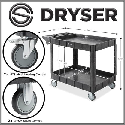 Dryser Utility Cart with Wheels, 46" x 25" Heavy Duty 550 lb. Capacity with Shelves - 2 Tier Rolling Cart with Two 5" Swivel Casters for Warehouse, Garage, Cleaning - size: 2 Shelves 2 Swivel 46x25