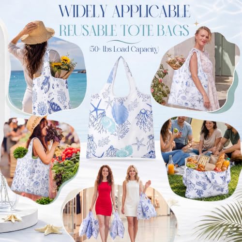 Abbylike 6 Pcs Reusable Grocery Bags 50lbs Coastal Foldable Shopping Bag - color: Blue White, style: Ocean