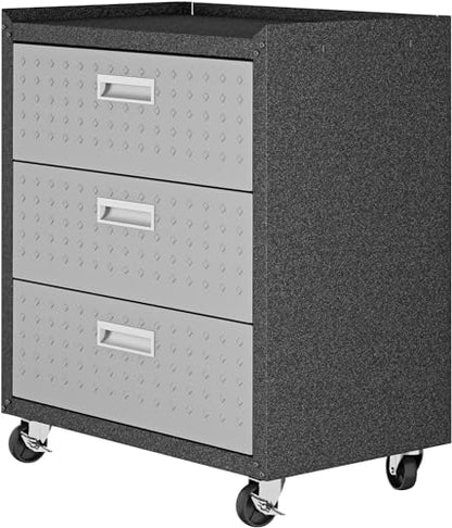 Manhattan Comfort Fortress Collection Convenient Durable Mobile Garage Chest Great for Tools and Supplies, Dark Charcoal Gray/Silver - color: Black/Grey, style: 3-Drawer
