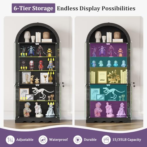 6-Tier Arched Glass Display Cabinet with RGB Lights & Lock - color: Black 6 Tier