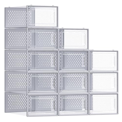 SONGMICS Shoe Boxes, Clear Plastic Sneaker Box, Pack of 12 - color: Transparent + Gray, size: L-12pcs