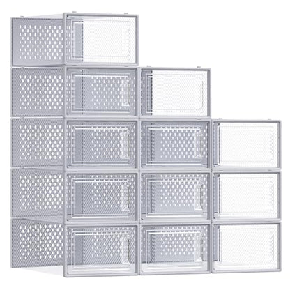 SONGMICS Shoe Boxes, Clear Plastic Sneaker Box, Pack of 12 - color: Transparent + Gray, size: L-12pcs
