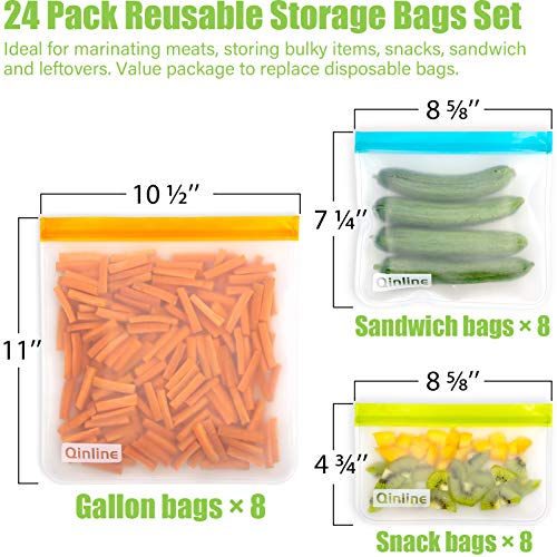 Qinline Reusable Food Storage Bags - 24 Pack Freezer Extra Thick Leakproof Lunch Bag - 8 Gallon 8 Sandwich 8 Snack Bags - color: Multicolor