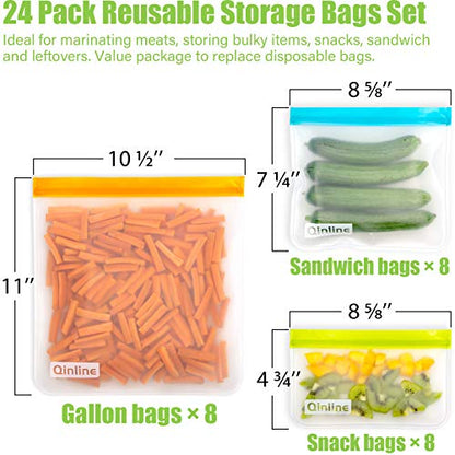 Qinline Reusable Food Storage Bags - 24 Pack Freezer Extra Thick Leakproof Lunch Bag - 8 Gallon 8 Sandwich 8 Snack Bags - color: Multicolor