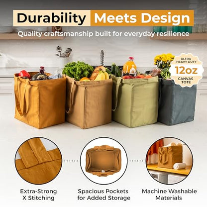 VeraMia Canvas Grocery Bag 3pc XL Set with Real Pockets, Long Shoulder Strap and Short Handle. Heavy Duty, Foldable, Washable - color: Butterscotch