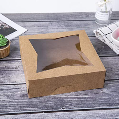 ONE MORE [15pcs] 8" Brown Bakery Pie Boxes, Kraft Cardboard Cookie Box with Window Auto-Popup Natural Disposable Pastries Boxes 8x8x2.5inch,Pack of 15