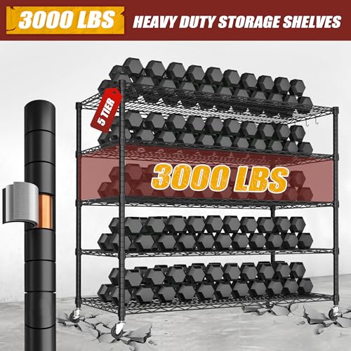 PrimeZone 5 Tier 80.7"H x 55.5"W x 24"D Wire Shelving with Wheels 3000lbs - size: 55.5" W x 24" D x 80.7" H