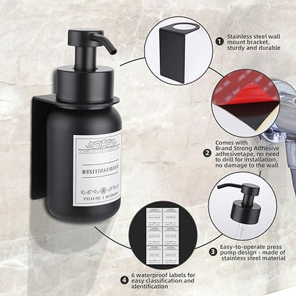 Black Glass Soap Dispenser Wall Mount for Bathroom with Pump and Drill-Free Holders - 8.5 Oz Hand Soap Dispenser, Shower Dispenser with Waterproof Labels - color: Black Set of 1