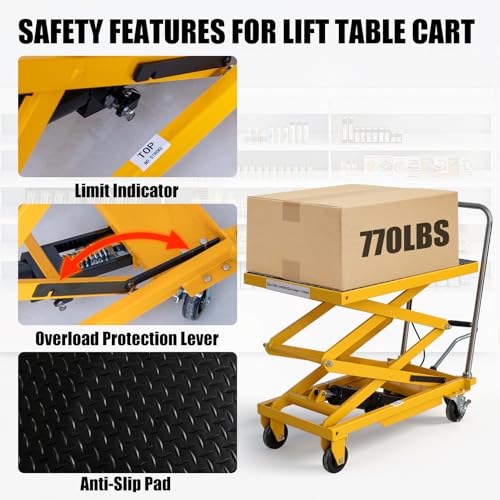 Hydraulic Lift Table Cart, 770lbs Capacity 59'' Max Lift, Double Scissor Lift Table w/4 Wheels & Non-Slip Pad, Heavy Duty Hydraulic Platform Lift Cart for Warehouse, Shop, Garage Material Handling - size: 770 LBS