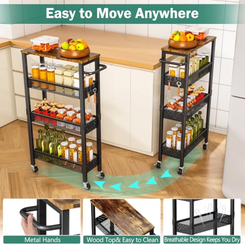 Vivihomety 4-Tier Slim Utility Rolling Laundry Cart with Wheels, Metal - color: Black, size: 7.1 inch wide
