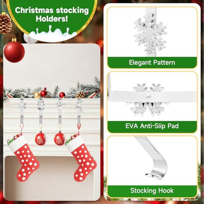 Christmas Stocking Holders for Mantle, Reusable No-Damage Hooks with Fireplace Grip Stand, Xmas Decoration Set for Hanging Stockings on Shelves, Mantel Clips for Holiday Party Home Decor Silver