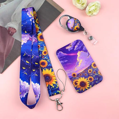 Purple ID Badge Holder with Neck Lanyard, Heavy Duty Retractable Badge Clip with Silky Lanyard, Sunflower Lanyard with Keychain for Women, Girl, Kids - color: Sunflower