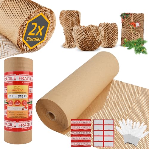 Honeycomb Packing Paper 15"x315' Roll with Fragile & Labeling Stickers, Gloves - Bubble Wrap for Moving,Products & Gifts Wrapping Paper, Recyclable & Biodegradable Cushioning Packing Material.