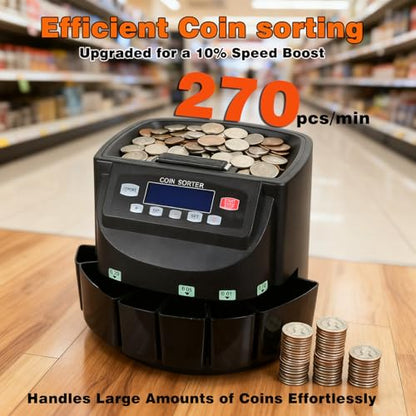T9500A Professional USD Coin Counter, Sorter, Coin Counting Machine, Automatically Sorts and Counts Coin Batches, 270 Coins/min