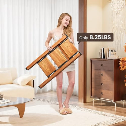 3 Step Ladder, Foldable Aluminum Step Stool with Anti-Slip Pedal - color: Woodgrain, size: 3 Step