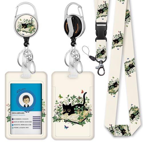 Giancomics Cat Lanyards for ID Badges, Badge Holder Retractable Reel Card - color: Book Black Cat