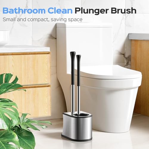 HAMITOR Toilet Plunger and Brush Set: 2 in 1 Stainless Steel Rustproof Combo with Deep Cleaning Curved Bristles - Heavy Duty Toilet Unclogging for Family Bathroom - Compact Apartment Accessories - color: Silver