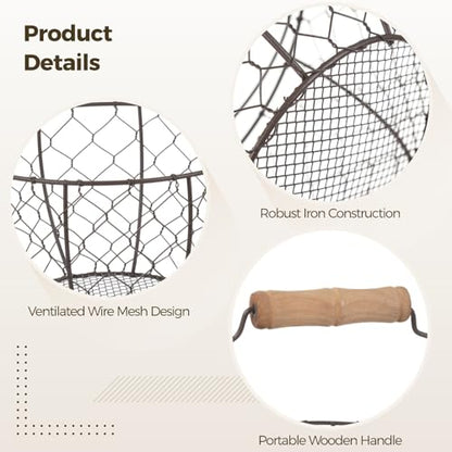 2 Pcs Wire Egg Baskets, Farmhouse Chicken Egg Collecting Baskets, Rustic Metal Egg Storages with Wooden Handle, Stackable Fresh Holders for Fruits, Vegetables, Sundries
