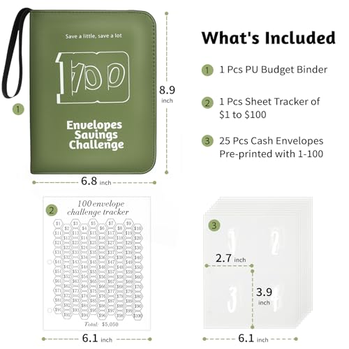 RONMONG 100 Envelopes Challenge Binder, Money Saving Binder, Budget Book - color: Green Style 1