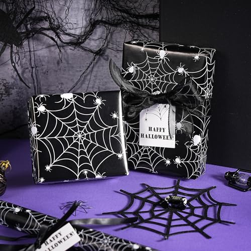 WRAPAHOLIC Halloween Wrapping Paper - Mini Roll - 17 Inch x 16.5 Feet - Black White Spider Web and Spider Wrapping Paper for Halloween Deco, Holiday, Party - color: Spider Web & Spider